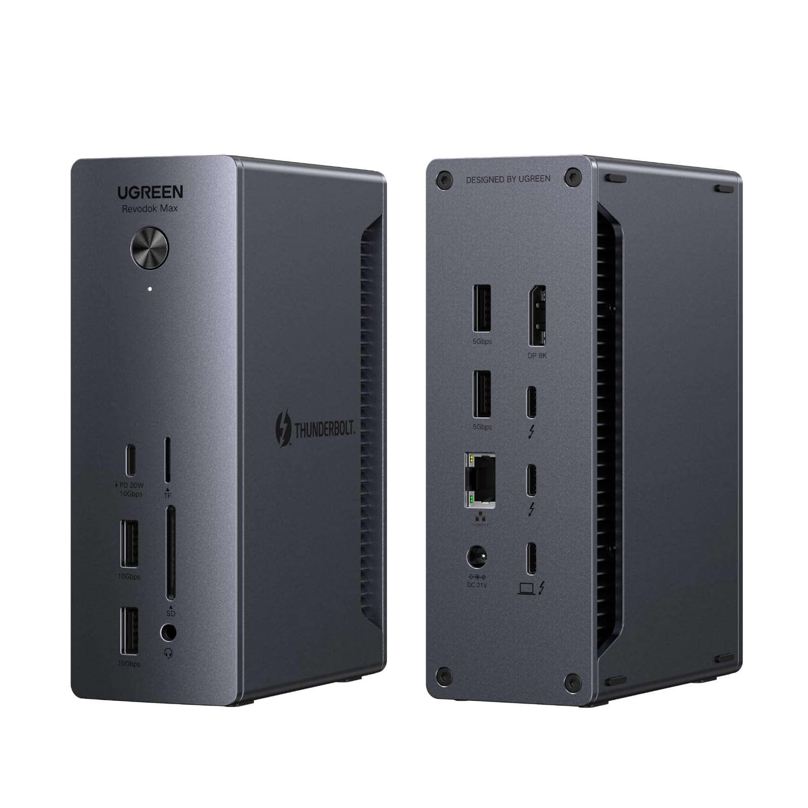 

UGREEN Revodok Max 213 Thunderbolt 4 Док-станція з 40 Гбіт/с для даних, подвійним виведенням зображення, одним виходом, 90 Вт PD, картами, USB, портами USB для Windows та сірий колір
