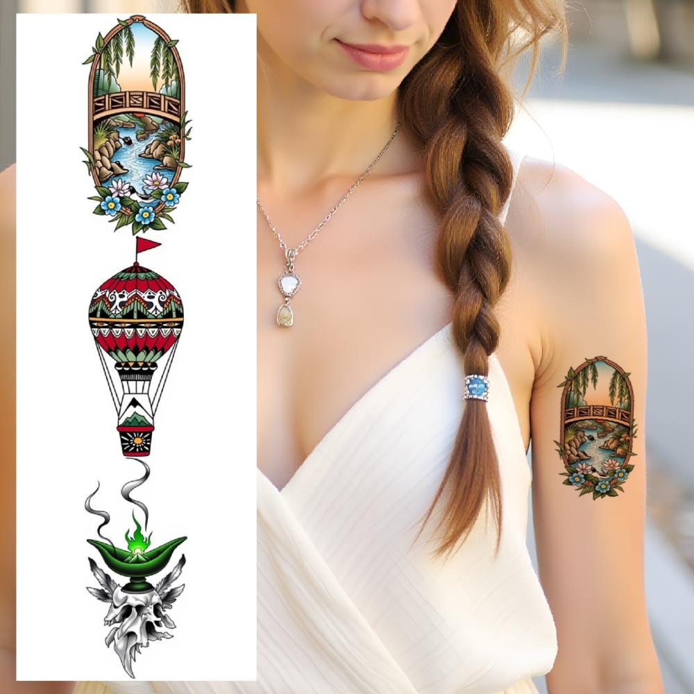 28pcs Temporary Tattoo New School Traditional Landscape Tattoo Skull And Flame Tattoo Hot Air Balloon Tattoo For Chest Women