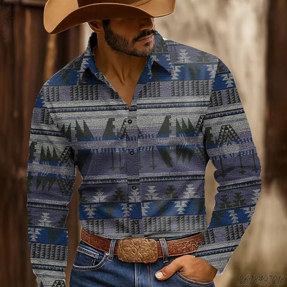 Autumn Winter New Men Clothes Ethnic Tribal Style 3D Digital Print Long Sleeve Shirt Tops Men Lapel Shirt