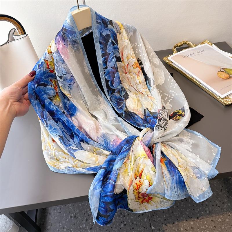 Feihuayun Printing Flower Cutting Spring and Summer Silk Scarf Large Long Scarf High-end Travel Shawl Sun Protection Women's Scarf Headscarf