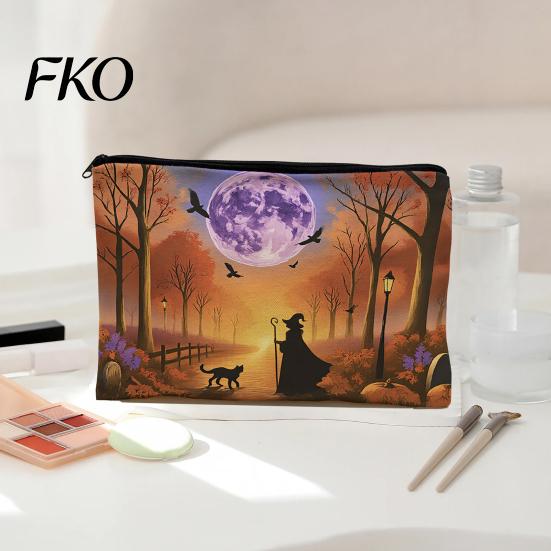 Reusable Storage Bag Bag,with Smooth Zipper, Thickened Polyester Large Capacity Cosmetic Halloween Witch Pumpkin Pattern Printed Pouch High-definition
