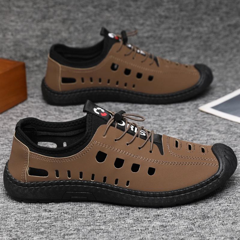 Hollow Leather Shoes Summer Men's Sandals Soft Leather Breathable Hollow Hole Shoes Beef Tendon Soft Sole Sandals Casual Beach Men's Shoes