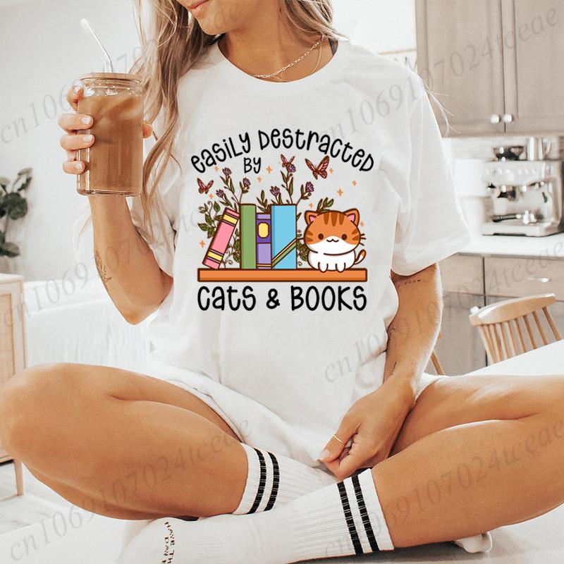 Easily Distracted By Cats & Books Tees Tops Floral Cat Shirt Women Fashion Tshirt Oversize Summer Tshirt Short Sleeves Clothing