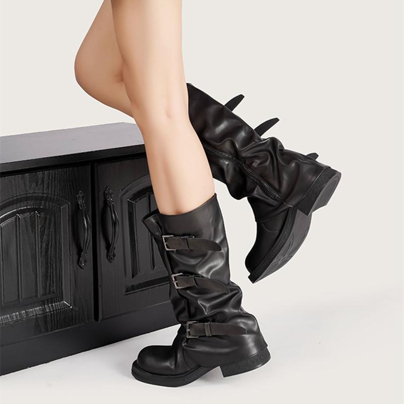 Vintage Soft Leather Belt Strap Buckle Mid-Calf Women Motorcycle Boots Fashion Thick High Heels Autumn Winter Knight Booties
