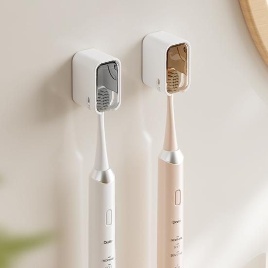 Elektrischer Zahnbürstenhalter Wandmontiert Staubdicht Transparente Klappabdeckung Kein Bohren Starker Klebstoff Feuchtigkeitsbeständig Wasserdicht Zahnbürsten-Organizer