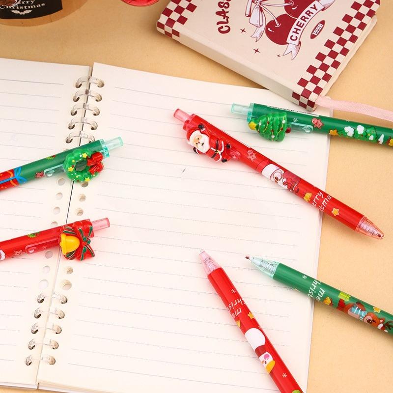 36Pcs Cartoon Santa Claus Patch Press Pen,Christmas Gift Student Prize Writing Tool School Pen Christmas Tree Bells Wreaths Patch Signnture Pen