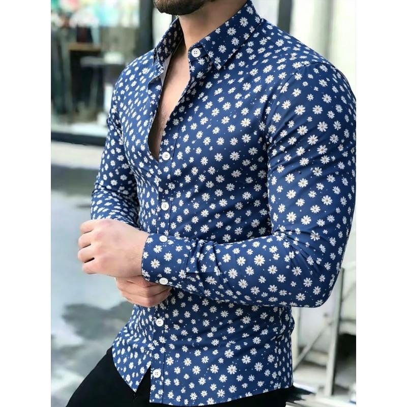 Cămașă Bărbați cu Imprimeu Floare de Bujor, Mânecă Lungă, Guler Slim Fit, Trendy Casual pentru Petrecere