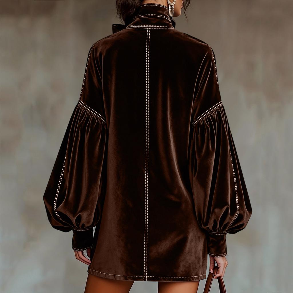 Modekläder för kvinnor, Avslappnad, Sammet, Långärmad, Med rosett, Kort klänning