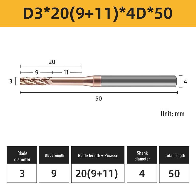 55° 4-Flute Carbide Coated Steel Flat-Bottom Deep-Groove CNC Milling Cutter with Blade Length and Clearance Combo