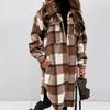 Women Woolen Coat Autumn Winter Plaid Print Turn Down Collar Long Sleeve Flap Pockets Outerwear