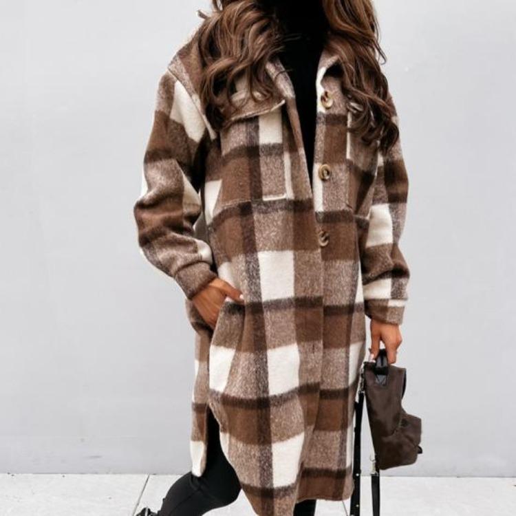 Women Woolen Coat Autumn Winter Plaid Print Turn Down Collar Long Sleeve Flap Pockets Outerwear