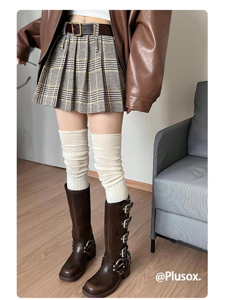 Lazy Style Over-the-Knee Women's Socks: Autumn/Winter White & Grey Scrunch, Thigh-High, Calf Boot Socks, Cotton, Japanese JK Style.