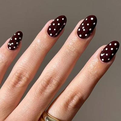 24pcs Elegant Press On Nail With Wine Red & White Dots Durability ABS Build Comfort Fit Fake Nail French Tip Design