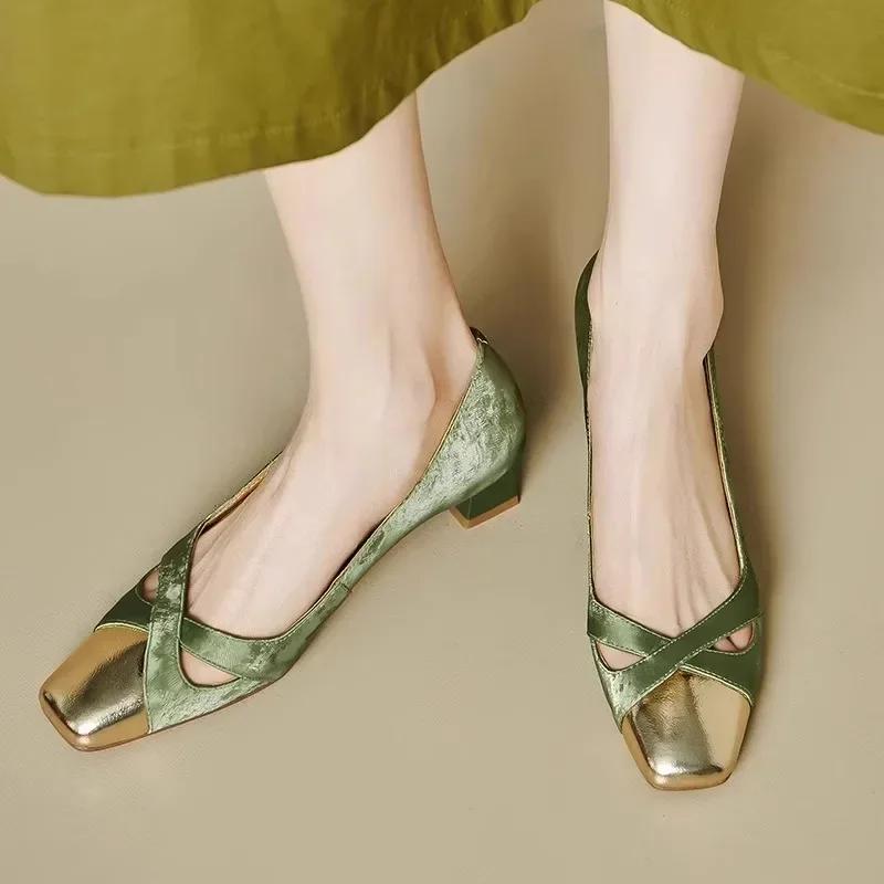 

Летние туфли из французской кожи 2025 года на квадратном каблуке с вырезами, туфли на каблуке с перекрестными ремешками в ретро-стиле, в тон 34 зелёный