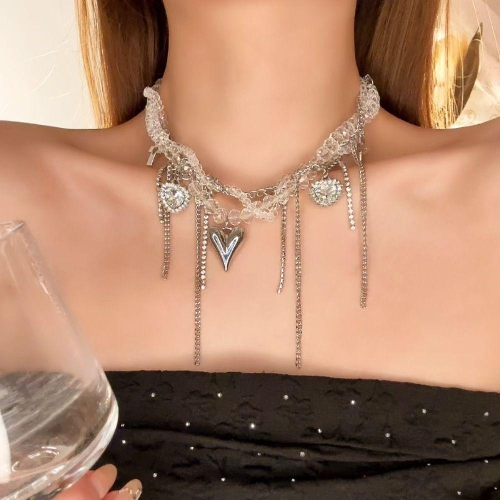 Transparent Heart Pendant Necklace Geometry Y2K Crystal Necklace Beaded Rhinestone Choker  Women