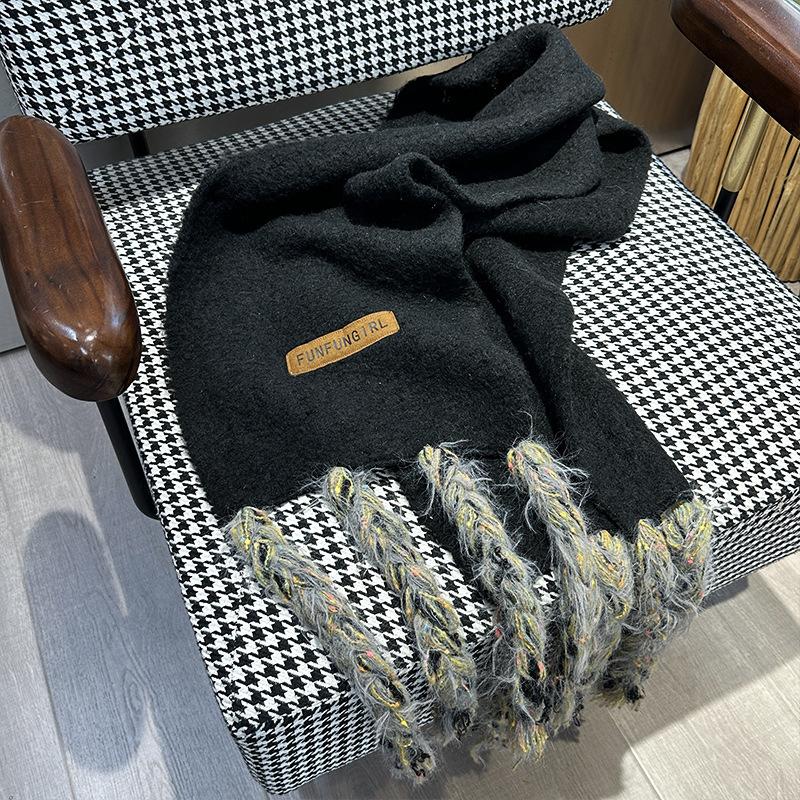 Handmade long tassel retro winter thickened solid color warm scarf women's thick wool scarf