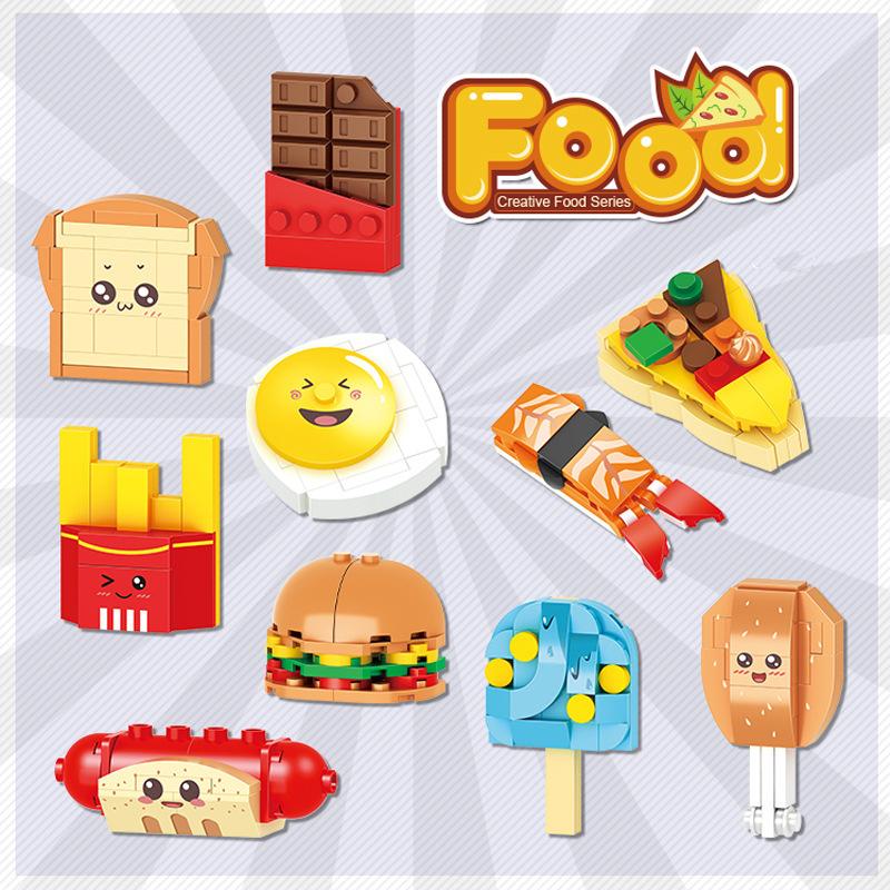 10in1 Niedliche Architektur Straßenansicht Lebensmittel Pommes Snacks Früchte Tiere Bausteine Set Mädchen Steine Modell Kinderspielzeug Kinder
