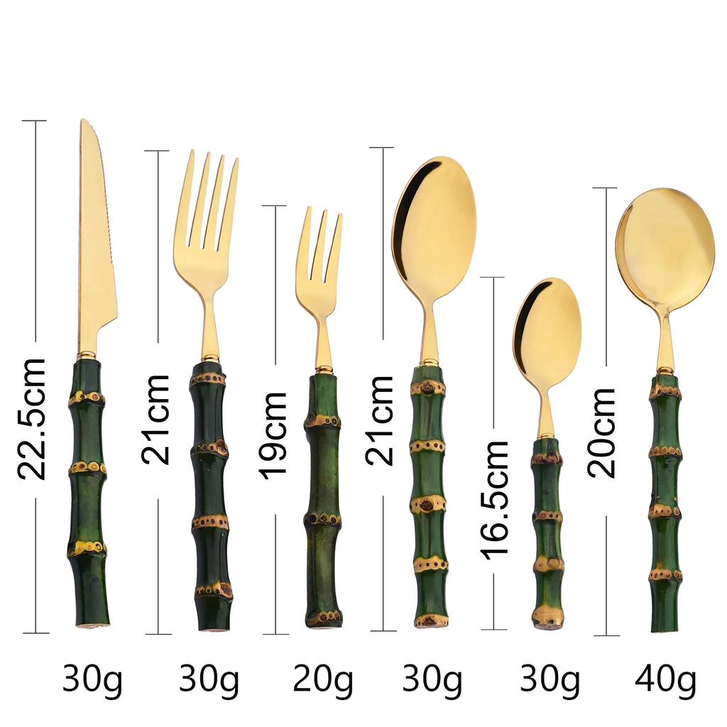 16 delar Naturligt Bambuhandtag Middagsset Grönt Handtag Rostfritt Stål Bestickset Kniv Gaffel Sked Köksbestick Bordsservis