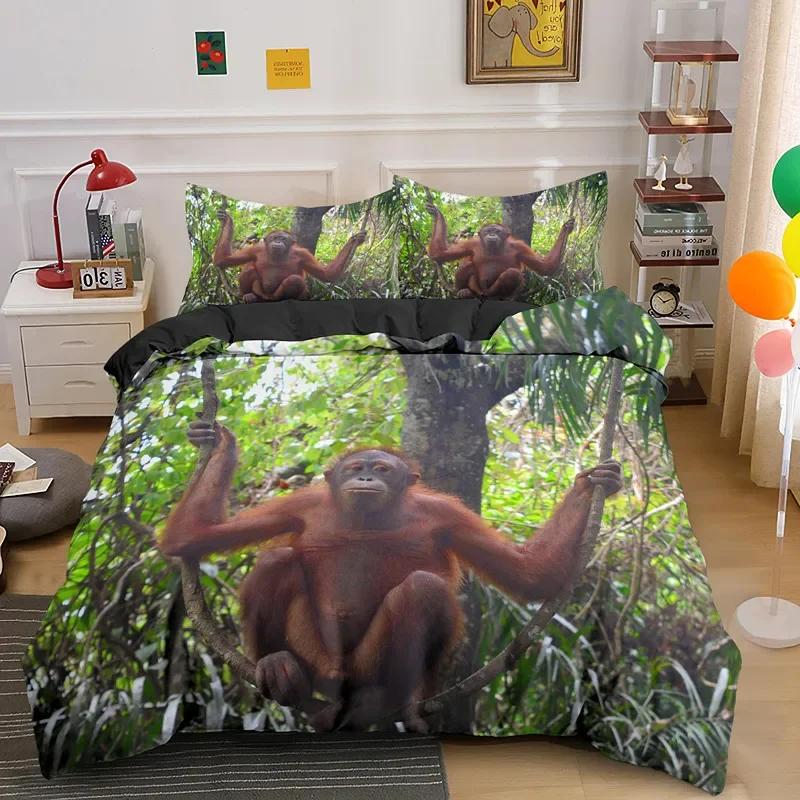 Orangutan Duvet Cover King Queen Size Cute Monkey Bedding Set Palm Leaves Tropical Botanical Polyester Comforter Cover for Adult