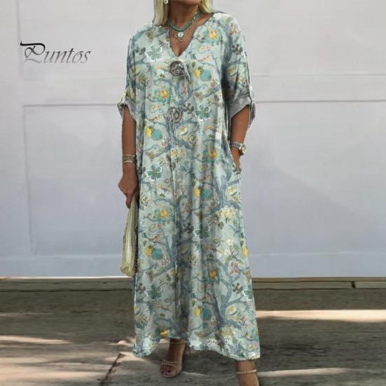 Herbst Sommer Damen Kleid Blumendruck Locker Neunte Ärmel mit Manschettenknöpfen V-Ausschnitt Seitentaschen Täglich Langes Kleid Lässiges Maxikleid
