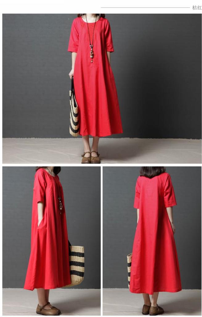 Summer Cotton Linen Short Loose Long Maxi Round 3 Sizes Slimming Solid Color [JINJUDUO] Women's Dress, Sleeve, A-Line Dress, Length, Neck, Casual,