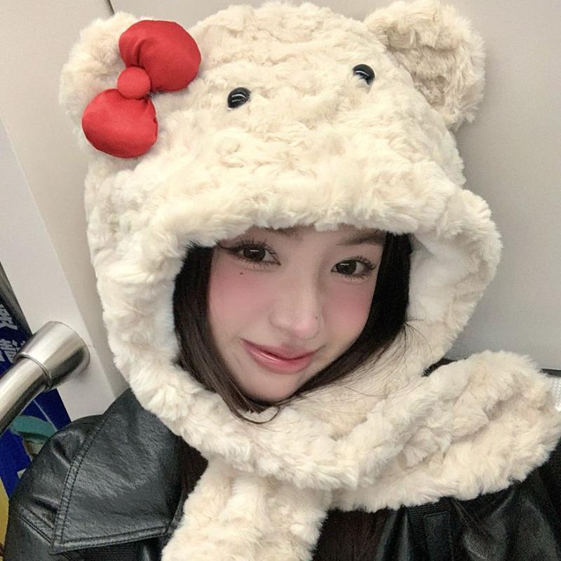 Women's Winter Bowknot Bear Plush Lei Feng Hat Scarf Integrated Thickened Warm Ear Protection Cold Resistant Hat