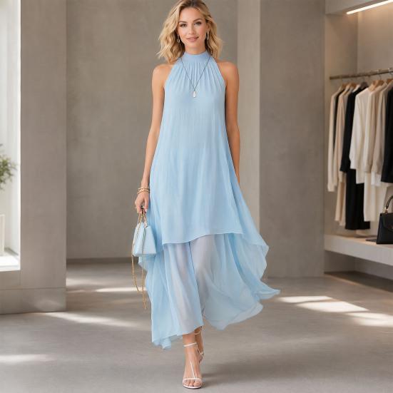Maxi Abito da Donna Fluido in Chiffon, Senza Maniche con Scollo all'Americana, Abito da Ospite per Matrimonio, Orlo Asimmetrico, Abito da Sera Formale Estivo, Abito da Cocktail
