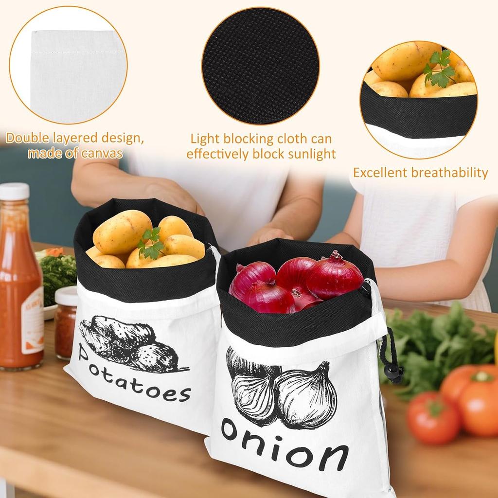 2 Pack Potato Onion Garlic Storage Bag 35x26cm Fabric Potatoes Onion Garlic Bag with Drawstring Closure, Washable Eco Friendly Cotton Food Storage
