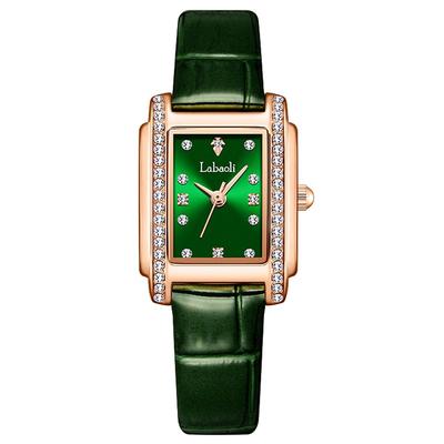 Square Wristwatch with Leather Strap and Diamond Green Women's Accents, Small, Stylish, Waterproof, Simple, Business, Cute, Casual, Luxury, Gift,