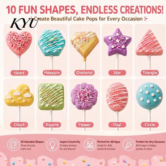 Parent Child Craft Activity Supplies 10PCS Cake Pop Mold Set, Heart/Cloud/Star/Square/Round Shape, PLA Press-forming Baking Diy Dessert Press