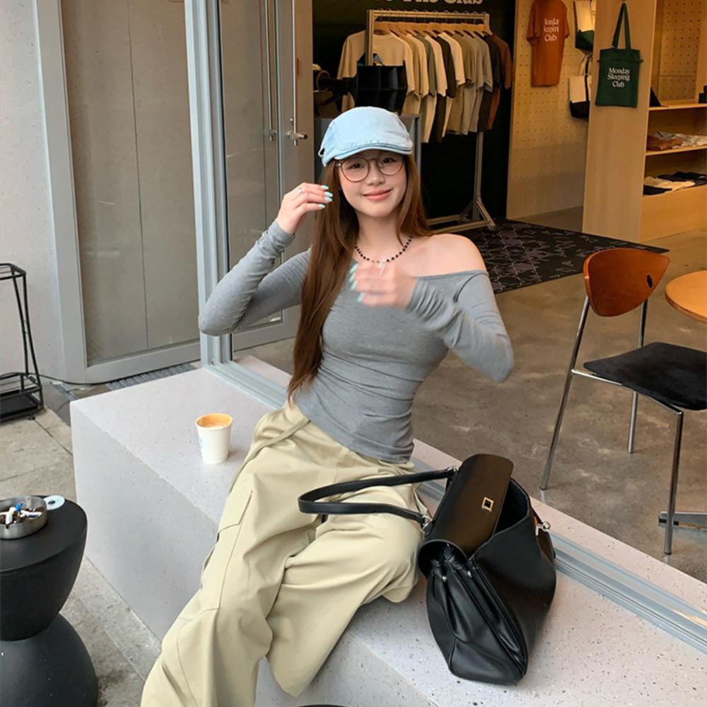 Irregular Collar Long Sleeve T-Shirt Women Basic Solid Off Shoulder TShirt