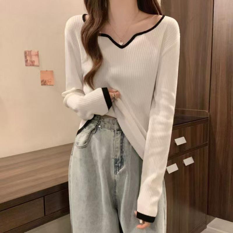 

Large size knitted sweater women s autumn new contrasting color long-sleeved T-shirt square neck bottoming shirt with thin top S білий
