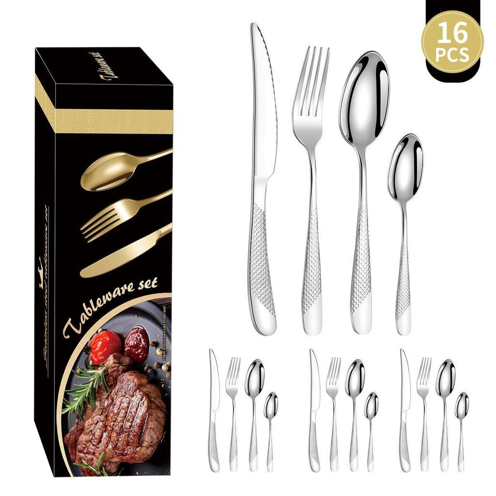 Zestaw 24-częściowej, pozłacanej zastawy stołowej ze stali nierdzewnej o wysokiej wartości: Zestaw noży, widelców i łyżek dla 6 osób, z motywem gwiazdy i diamentu, w pudełku prezentowym.