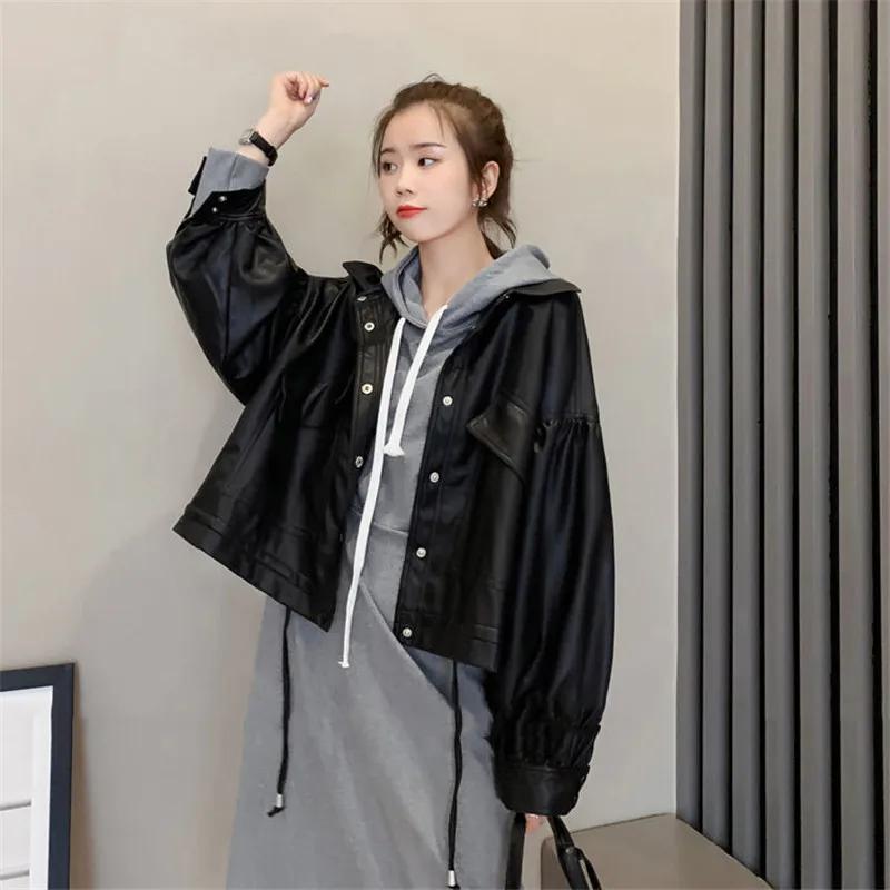 Faux Leather Jacket Women Oversize PU Coat Loose Casual Streetwear Female Cardigan