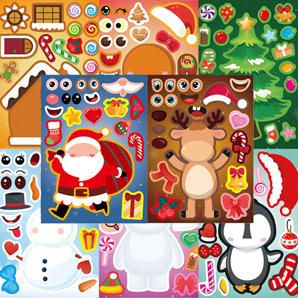 816Sheets Diy Christmas Puzzle Stickers Make A Face Santa Claus Jigsaw Decoration Sticker Funny Cartoon Assemble Toy For Gift