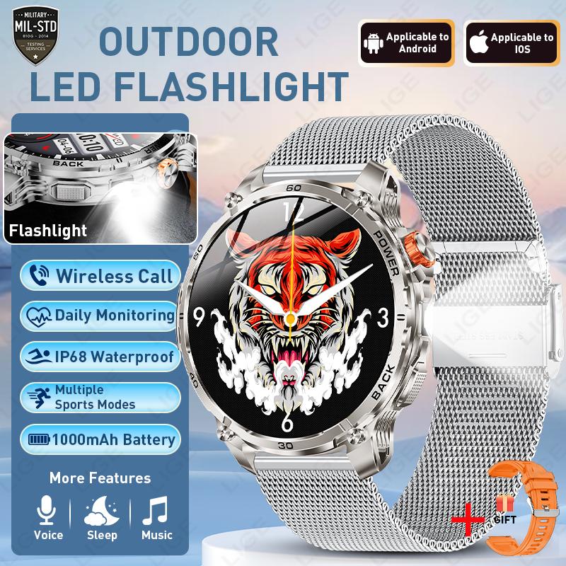 New Men Military Outdoor 1000mAh Battery Smart Watch Flashlight IP68 Waterproof 1.7-Inch HD Bluetooth Call Smartwatch