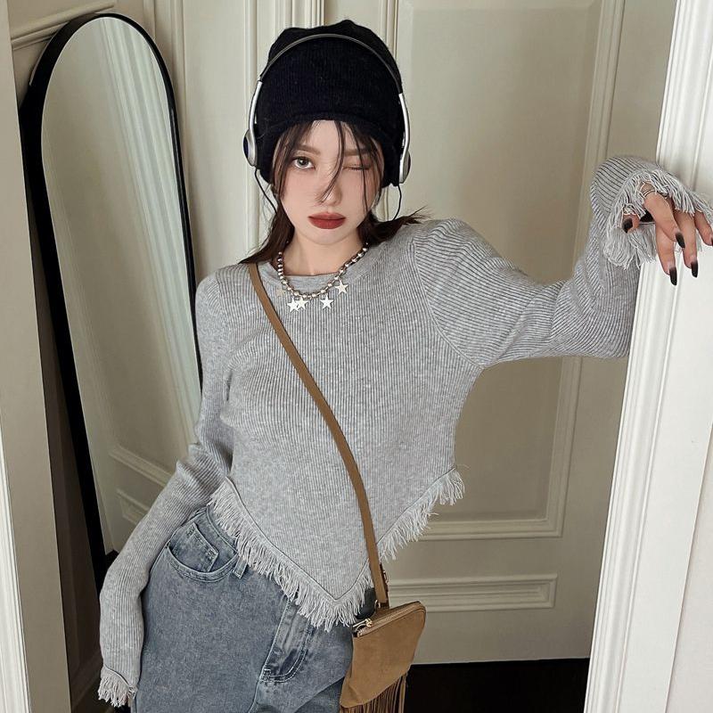 Tassel T Shirt Korean Style Solid Color Crop Top Autumn Long Sleeve Tees Slim Fashion Tshirts Femme O-neck Clothes Japanese