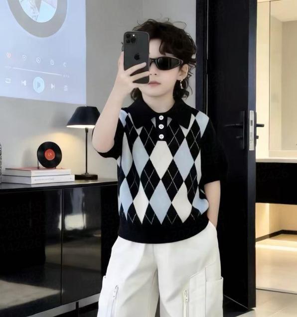 Summer Kids Knit Polo Shirt Short Sleeve Argyle Pattern T-Shirt Unisex Baby Fashion Casual Sweater Top
