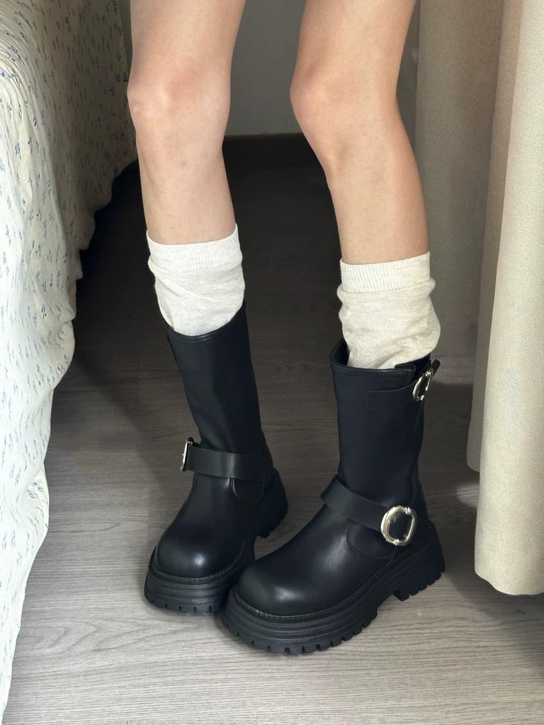 Popular retro thick-soled belt buckle one-pedal Martin boots for women's 2025 autumn new versatile height-increasing and thin short boots