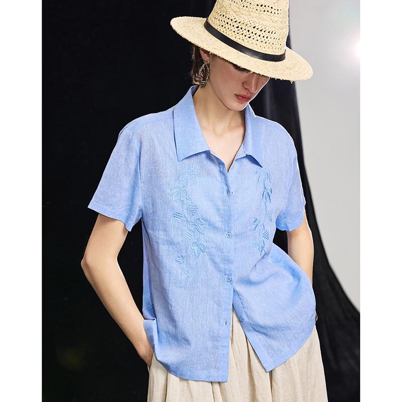 Wudao Women s Linen Blend Embroidered French Collar Shirt M