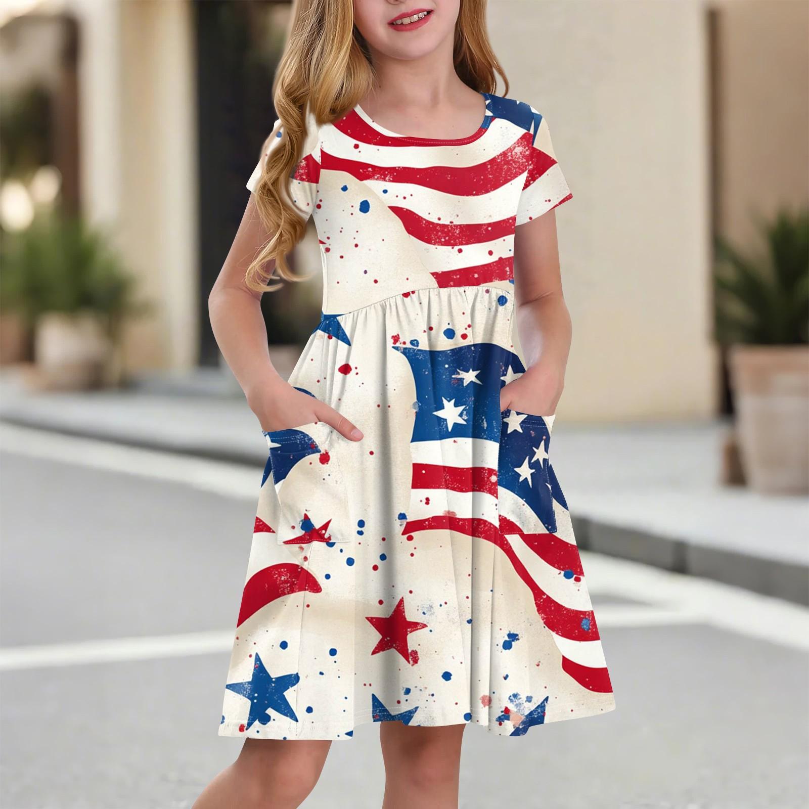 

Детское платье принцессы с круглым вырезом и короткими рукавами, модное и повседневное, с карманом, для девочки, платье на День независимости 90 белый