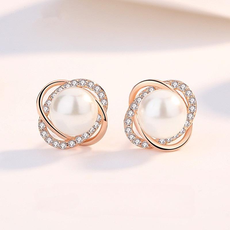 2026 Silver-plated Four-leaf Clover Pearl Stud Earrings Women's Diamond Round Pearl Earrings Rose Gold Pearl Earrings Jewelry