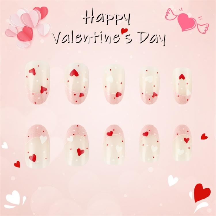 24 Stück Valentinstag Press-On-Nägel Herz Künstlicher Nagel Französische Spitze Falscher Nagel Kurz Oval Aufkleb-Nagel für Party