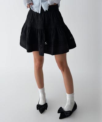 The Green Lab Punched Lace Tiered Mini Skirt [Black]