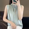 Lace Trim Sleeveless Solid Color One Button Blouse Silk Satin Slimming Commuter Shirt For Women Elegant Spring Summer Lightweight Top