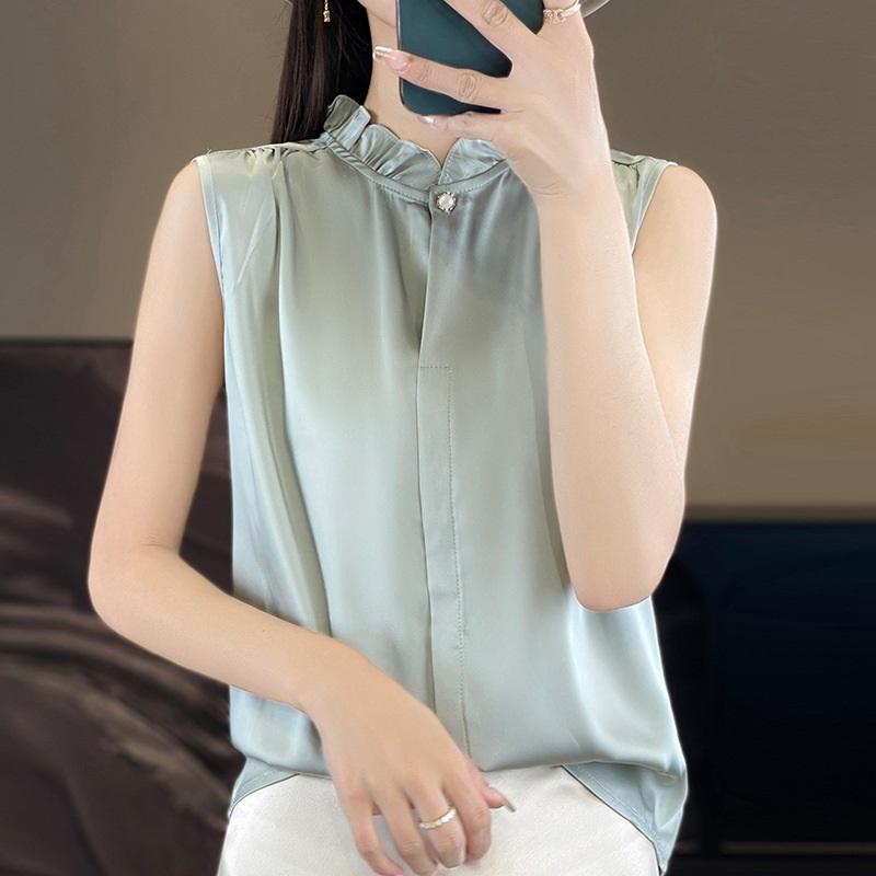 Lace Trim Sleeveless Solid Color One Button Blouse Silk Satin Slimming Commuter Shirt For Women Elegant Spring Summer Lightweight Top