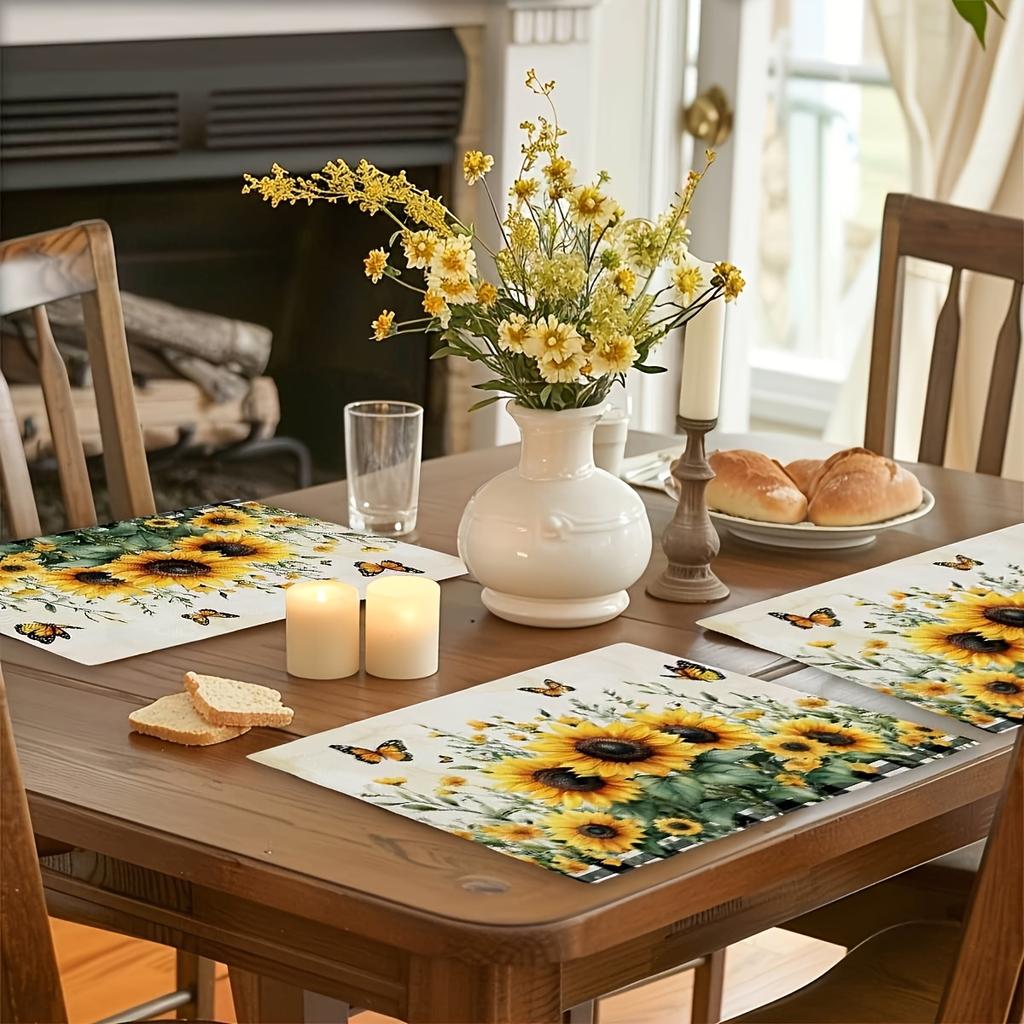 4pcs Rustic Style Sunflower and Butterfly Faux Linen Placemats, 12x18 Inches - Washable Kitchen & Party Table | Machine-Washable Dining Tablescape