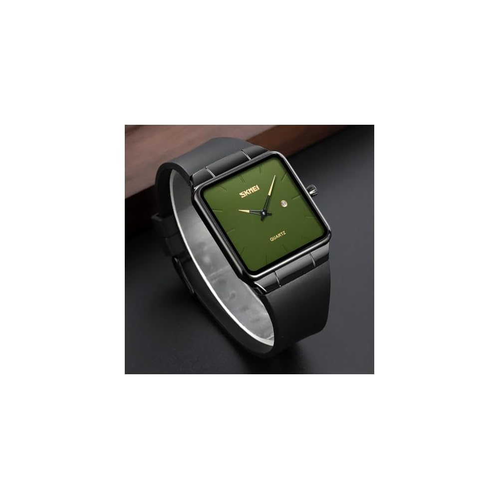 Square Men's Watch Leather Strap Black Simple Slim Stylish Waterproof Casual Business Gift Black Green