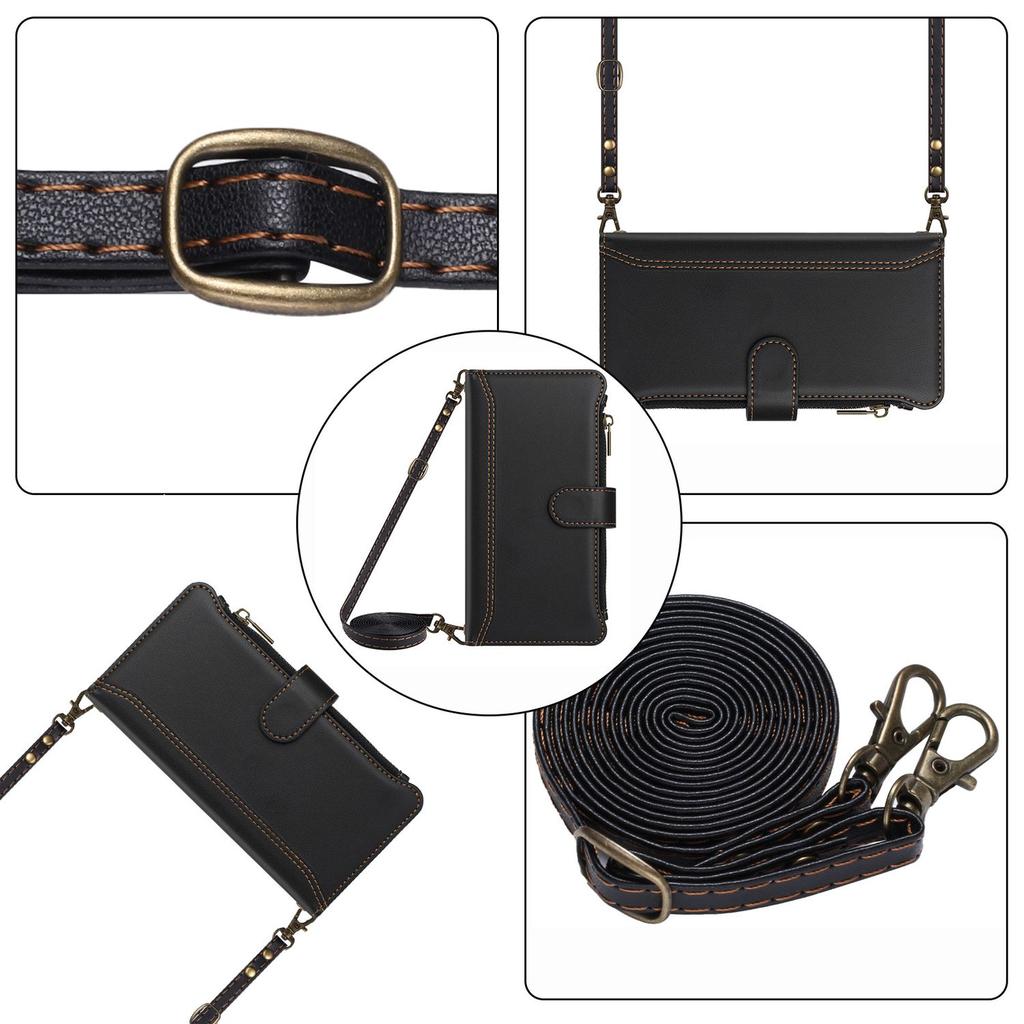 Leather Wallet Flip Case For Doogee N55 Plus N60 Pro Note 58 59 56 56x with Card Slots, Zipper Pocket, Crossbody Strap and Wristlet