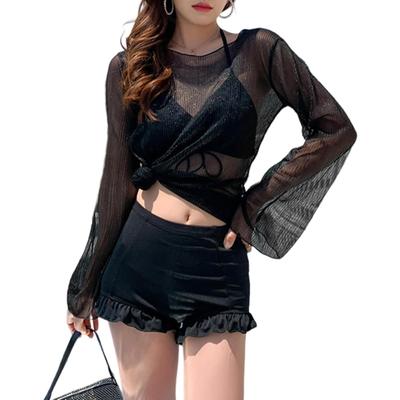 Lichotivé bikiny a horúce pramene [MzcoYmm] Dámske 3-dielne plavky, Súprava, Vysoký pás, Volánové, Polstrované, Šortky, Priehľadný top, Roztomilé, Veľkosť,